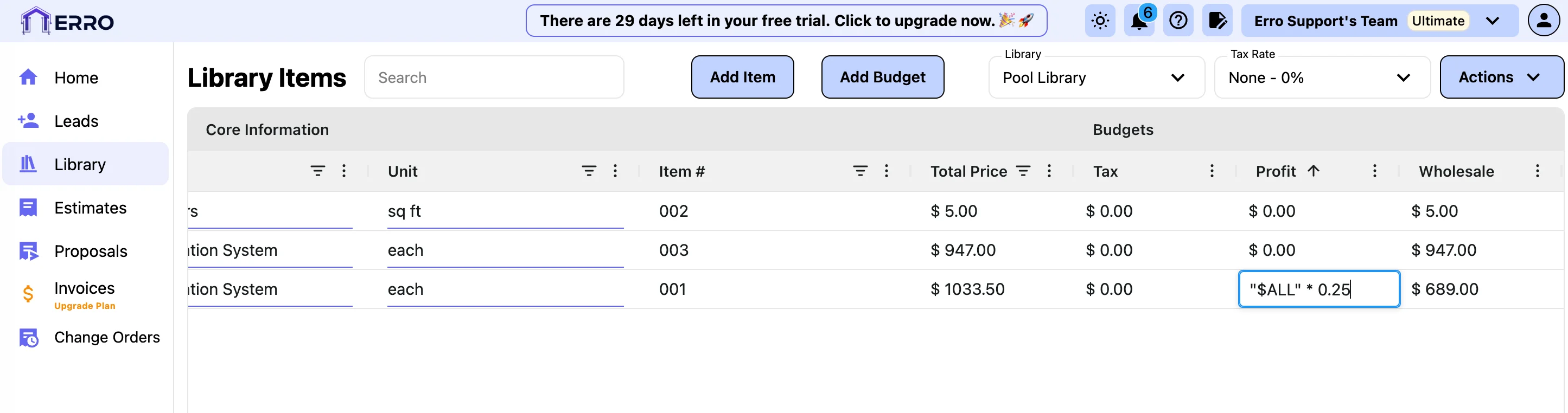 Update Profit for a Single Item